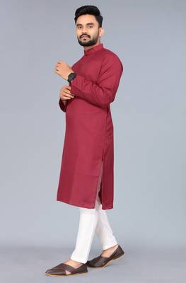 Maroon Cotton Blend Solid Styles Long Men's Wear Kurta. 2