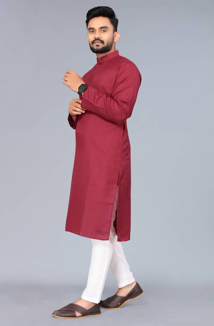 Maroon Cotton Blend Solid Styles Long Men's Wear Kurta.