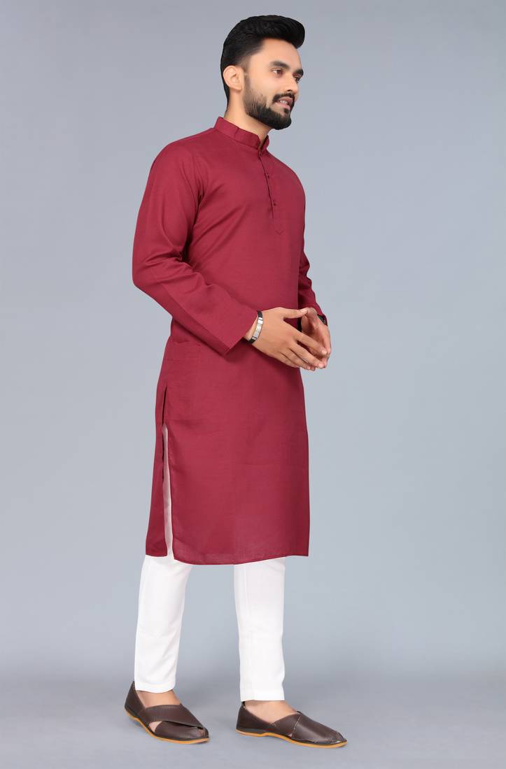 Maroon Cotton Blend Solid Styles Long Men's Wear Kurta.