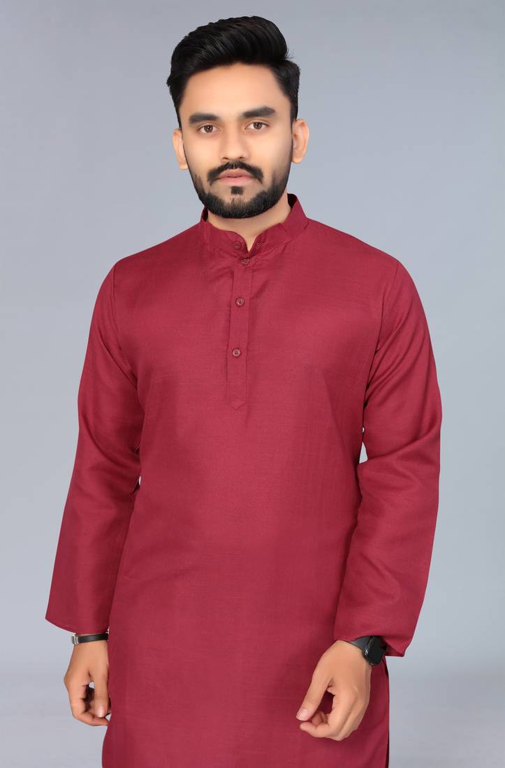 Maroon Cotton Blend Solid Styles Long Men's Wear Kurta.