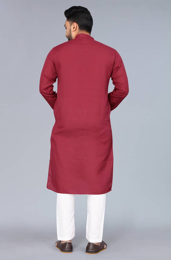 Maroon Cotton Blend Solid Styles Long Men's Wear Kurta.