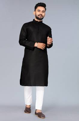 Black Cotton Blend Solid Styles Long Men's Wear Kurta. 1