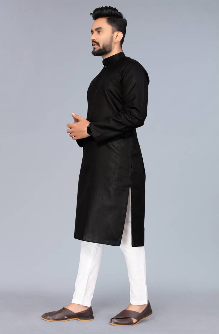 Black Cotton Blend Solid Styles Long Men's Wear Kurta.