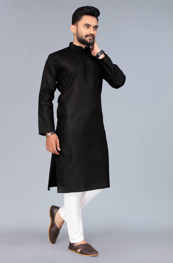 Black Cotton Blend Solid Styles Long Men's Wear Kurta.