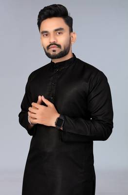 Black Cotton Blend Solid Styles Long Men's Wear Kurta. 4
