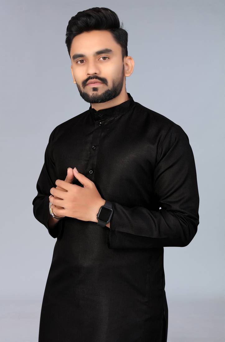 Black Cotton Blend Solid Styles Long Men's Wear Kurta.