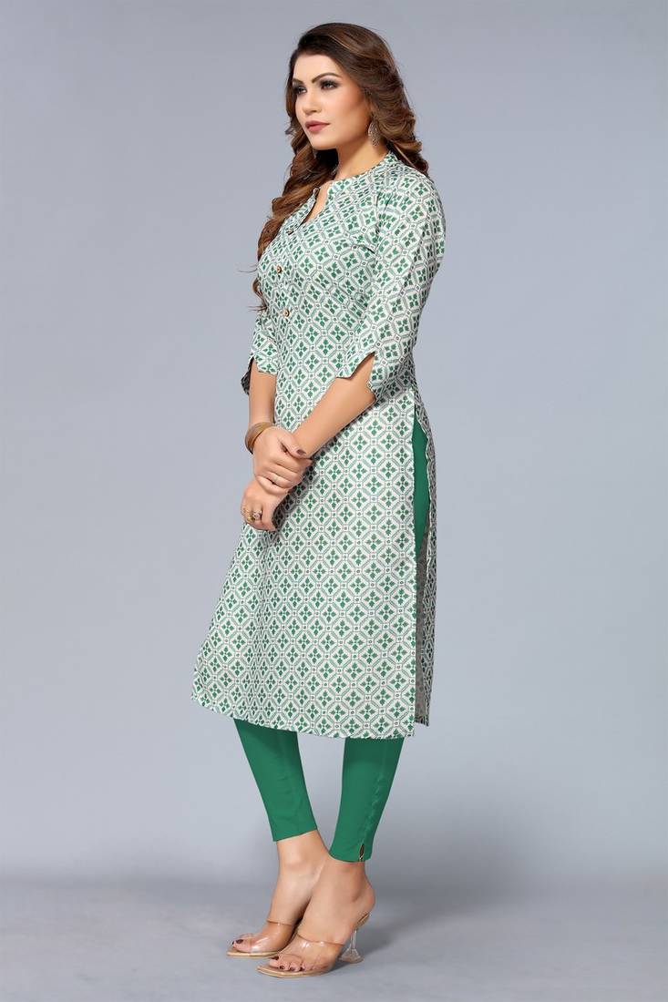 Mohvogue Women's Green Floral Printed Rayon Kurta.