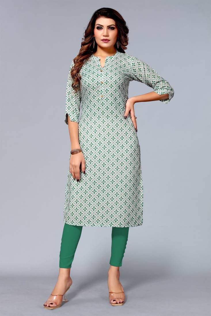 Mohvogue Women's Green Floral Printed Rayon Kurta.