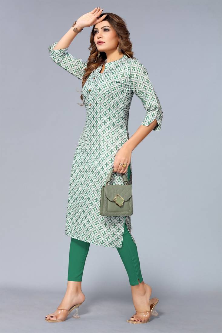 Mohvogue Women's Green Floral Printed Rayon Kurta.