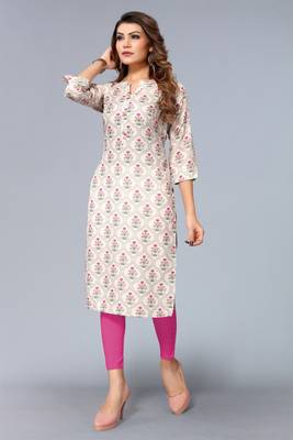 Mohvogue Women's White Floral Printed Rayon Kurta. 2