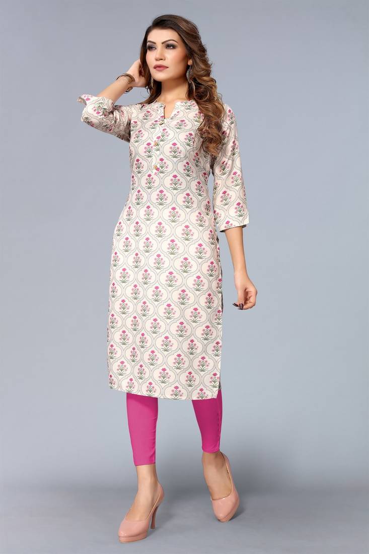 Mohvogue Women's White Floral Printed Rayon Kurta.