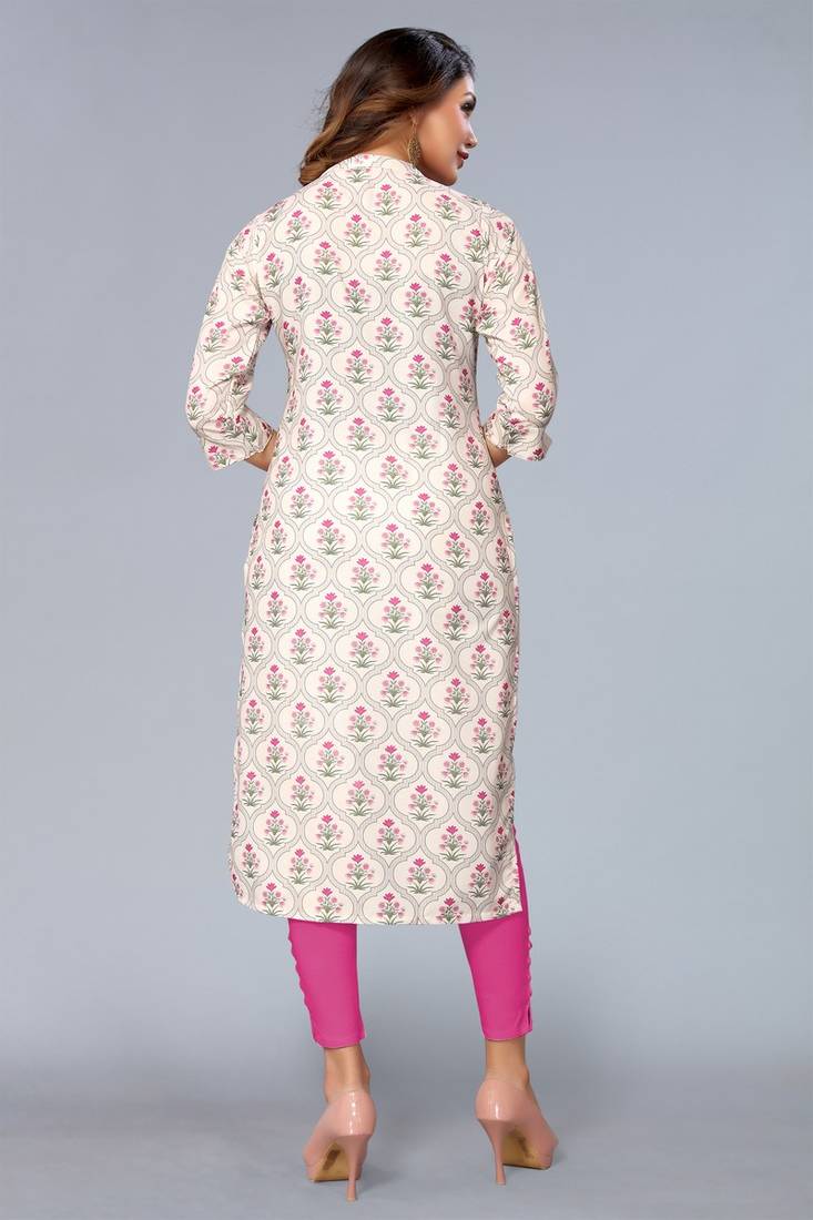 Mohvogue Women's White Floral Printed Rayon Kurta.