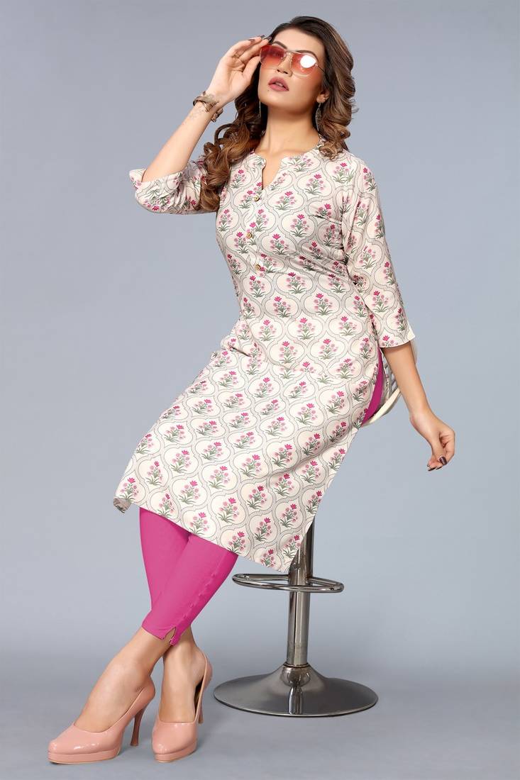 Mohvogue Women's White Floral Printed Rayon Kurta.