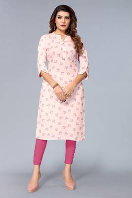 Mohvogue Women's Pink Floral Printed Rayon Kurta. 2
