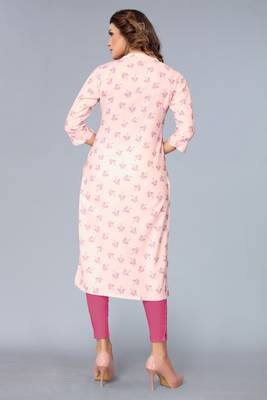 Mohvogue Women's Pink Floral Printed Rayon Kurta. 4