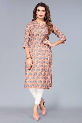 Mohvogue Women's Peach Floral Printed Rayon Kurta. 2
