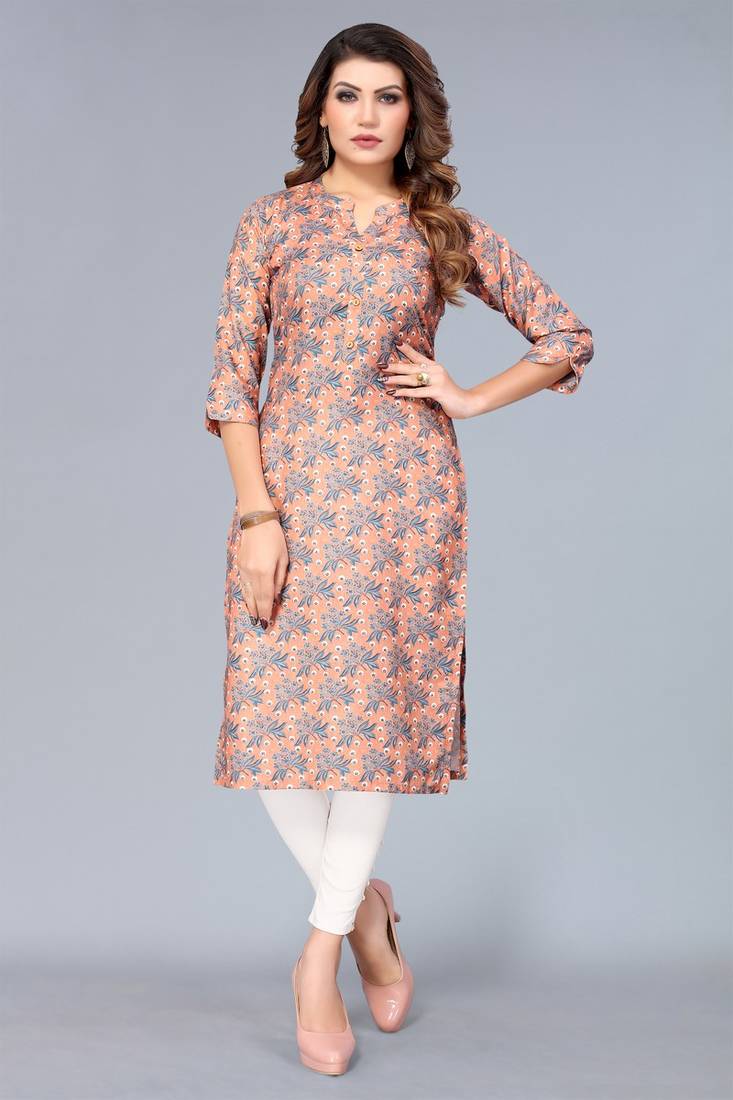 Mohvogue Women's Peach Floral Printed Rayon Kurta.