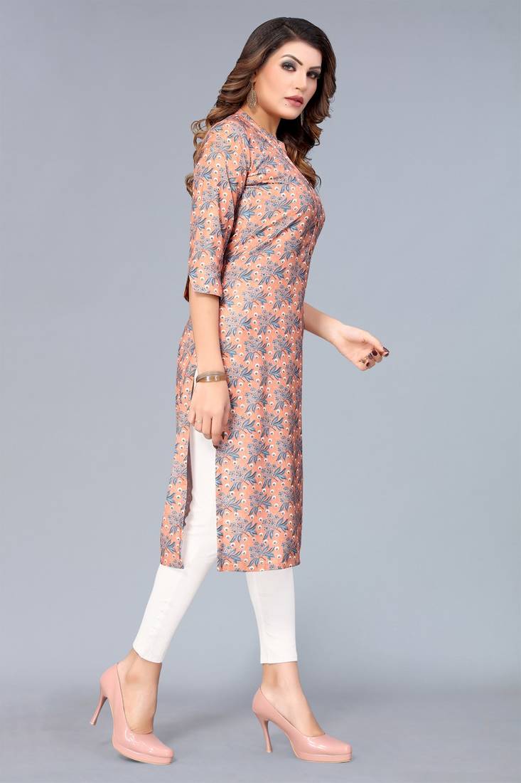 Mohvogue Women's Peach Floral Printed Rayon Kurta.