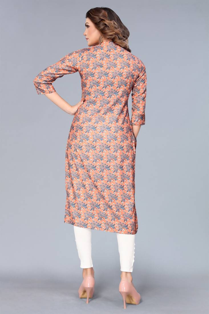 Mohvogue Women's Peach Floral Printed Rayon Kurta.