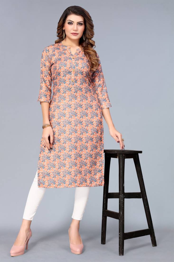 Mohvogue Women's Peach Floral Printed Rayon Kurta.