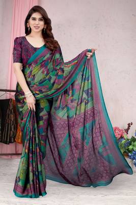 Teal printed chiffon saree with blouse 1