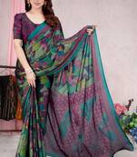 Teal printed chiffon saree with blouse