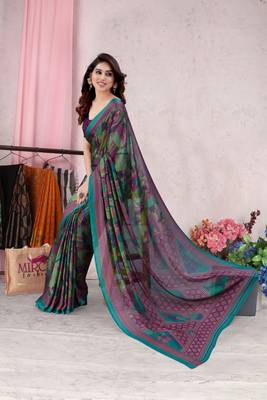 Teal printed chiffon saree with blouse 2