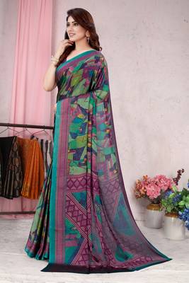 Teal printed chiffon saree with blouse 3