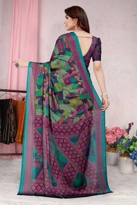 Teal printed chiffon saree with blouse 4