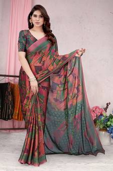 Pink printed chiffon saree with blouse