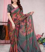 Pink printed chiffon saree with blouse