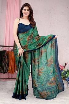 Teal Printed Chiffon Saree With Blouse