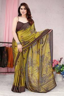 Mustard printed chiffon saree with blouse
