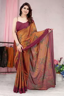 Orange printed chiffon saree with blouse