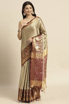 Beige woven banarasi silk saree with blouse