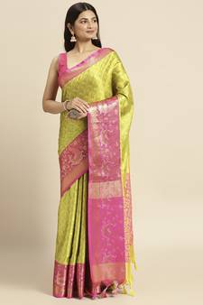 Light lemon woven banarasi silk saree with blouse