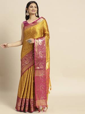 Mustard woven Banarasi silk blend saree with blouse 2
