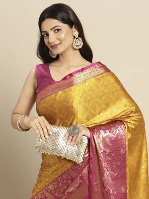 Mustard woven Banarasi silk blend saree with blouse 3