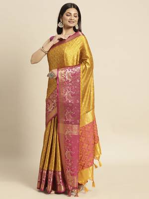 Mustard woven Banarasi silk blend saree with blouse 4