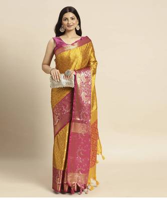 Mustard woven Banarasi silk blend saree with blouse 1