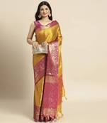 Mustard woven Banarasi silk blend saree with blouse