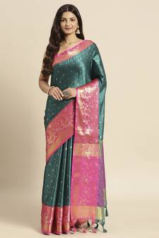 Turquoise woven banarasi silk saree with blouse