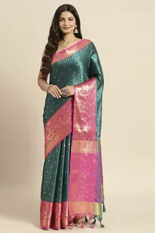 Turquoise woven banarasi silk saree with blouse
