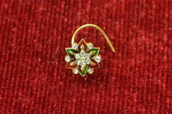 Green Shimmering gold floral diamond nosering or nosepin 1