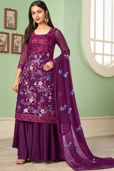 Wine Thread And Sequins Embroidered Georgette Salwar Suit
