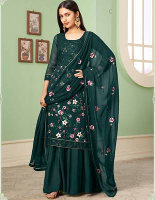 Dark-green Thread and Sequins Embroidered georgette salwar kameez for wedding 1