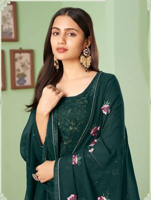 Dark-green Thread and Sequins Embroidered georgette salwar kameez for wedding 2