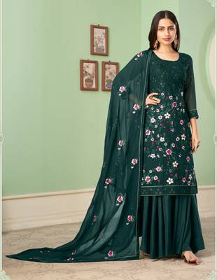Dark-green Thread and Sequins Embroidered georgette salwar kameez for wedding 3