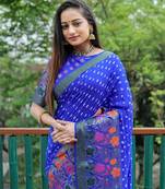 Blue Pure Handmade Handicraft Bandhej Bandhani Saree 