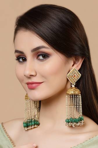 Green kundan, pearls, natural stones, faux emerald earrings